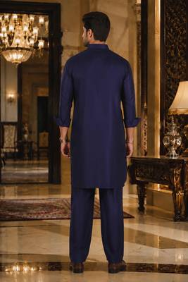 Buy blue cotton silk pathani kurta pajama set 4