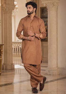 Buy brown cotton silk pathani kurta pajama set 1