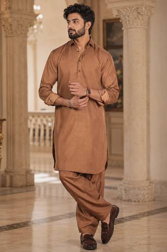 Buy brown cotton silk pathani kurta pajama set