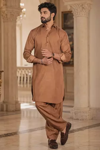 Buy brown cotton silk pathani kurta pajama set