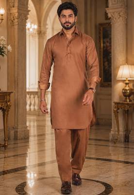 Buy brown cotton silk pathani kurta pajama set 2