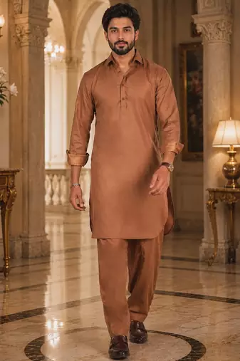 Buy brown cotton silk pathani kurta pajama set