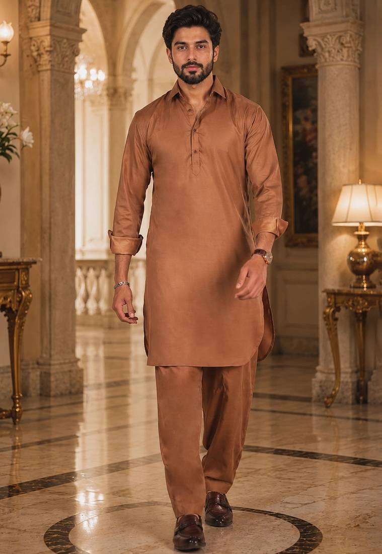 Buy brown cotton silk pathani kurta pajama set