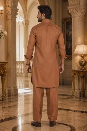 Buy brown cotton silk pathani kurta pajama set