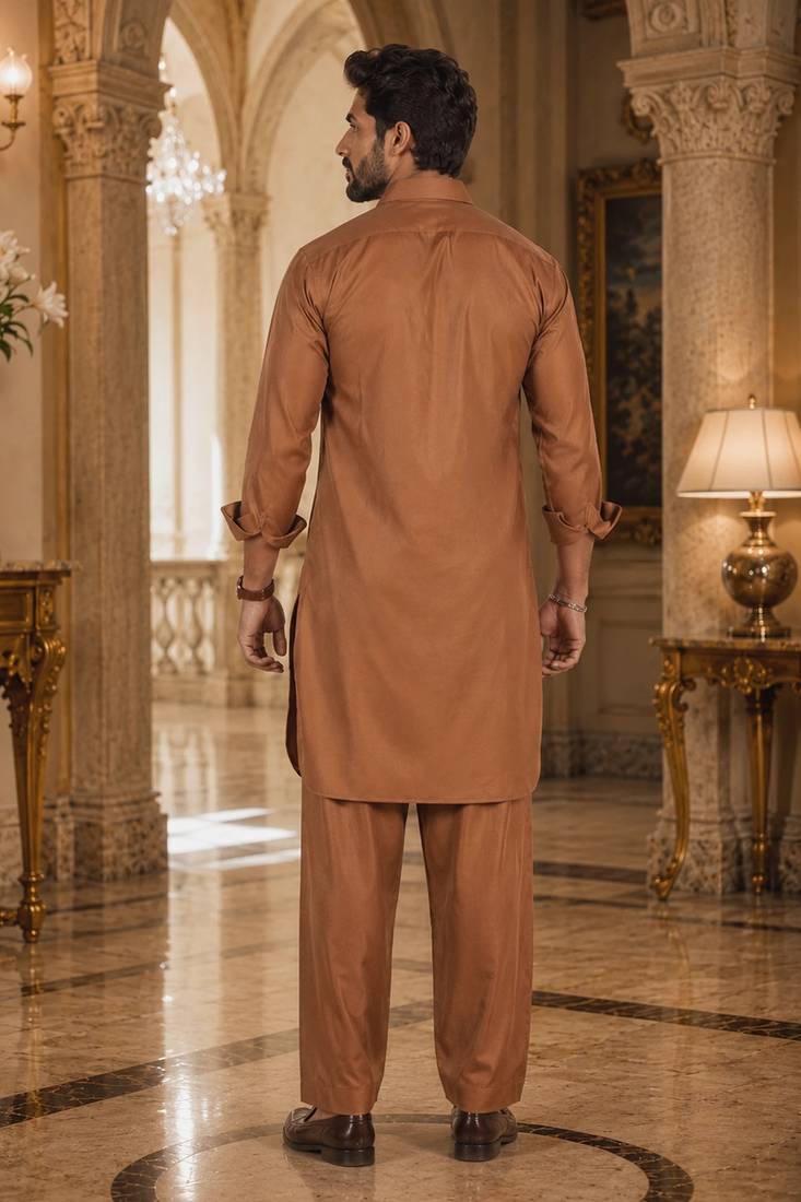 Buy brown cotton silk pathani kurta pajama set