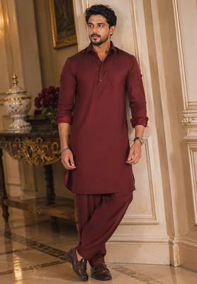 Buy maroon cotton silk pathani kurta pajama set 1