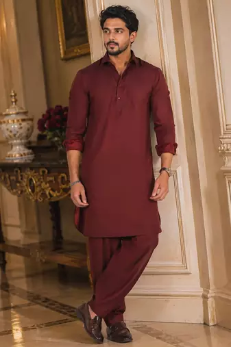 Buy maroon cotton silk pathani kurta pajama set