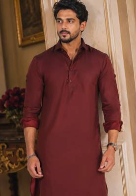 Buy maroon cotton silk pathani kurta pajama set 2
