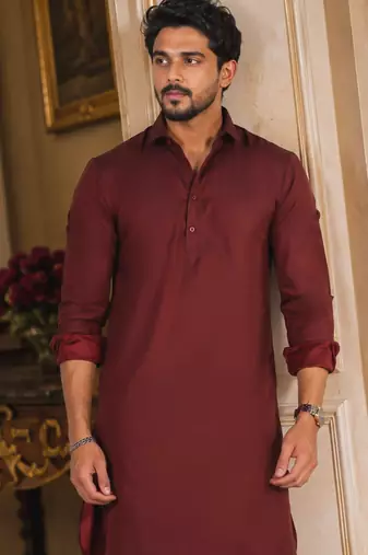 Buy maroon cotton silk pathani kurta pajama set