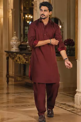 Buy maroon cotton silk pathani kurta pajama set