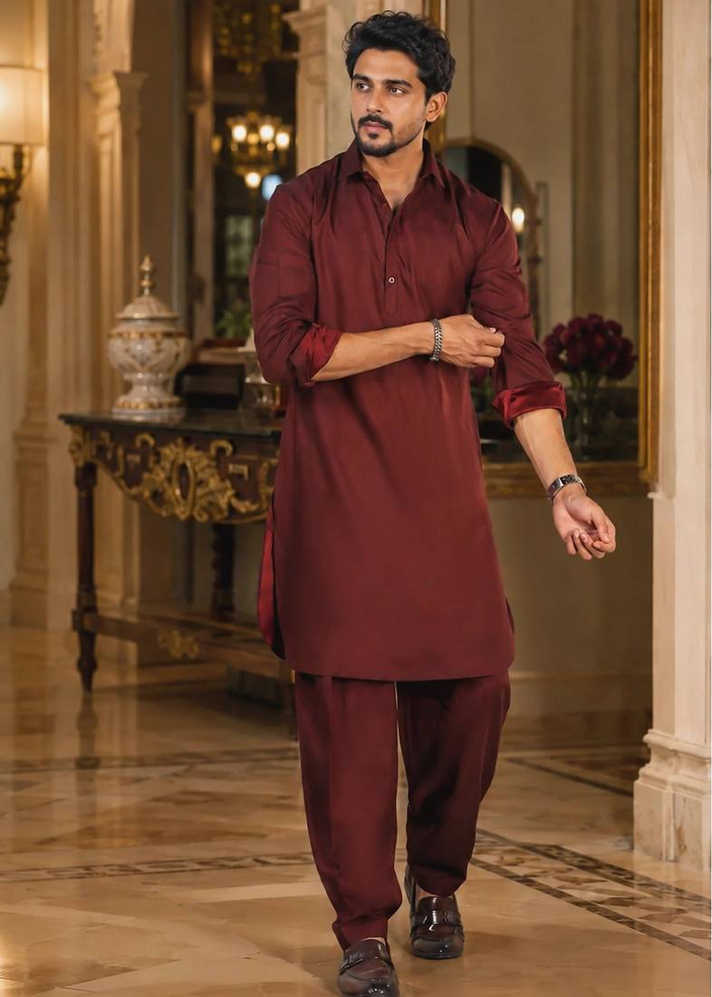 Buy maroon cotton silk pathani kurta pajama set