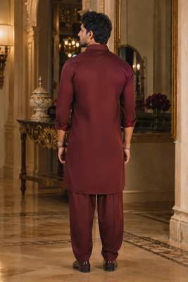 Buy maroon cotton silk pathani kurta pajama set 4