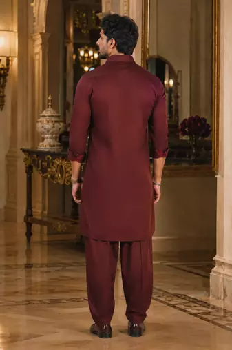 Buy maroon cotton silk pathani kurta pajama set