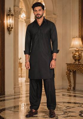 Buy black cotton silk pathani kurta pajama set 1