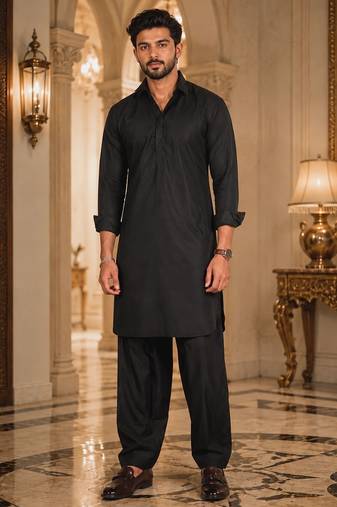 Buy black cotton silk pathani kurta pajama set