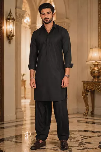 Buy black cotton silk pathani kurta pajama set