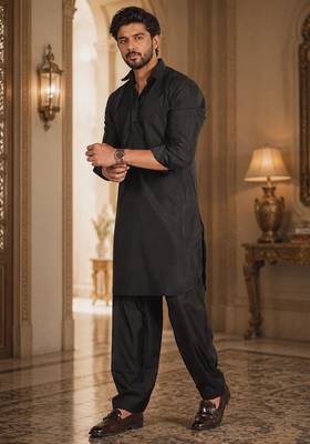 Buy black cotton silk pathani kurta pajama set 2