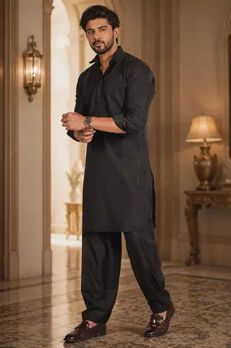 Buy black cotton silk pathani kurta pajama set
