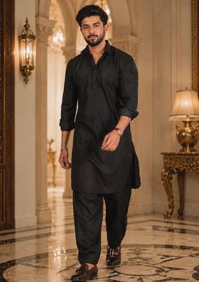 Buy black cotton silk pathani kurta pajama set 3