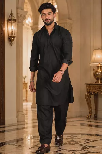 Buy black cotton silk pathani kurta pajama set