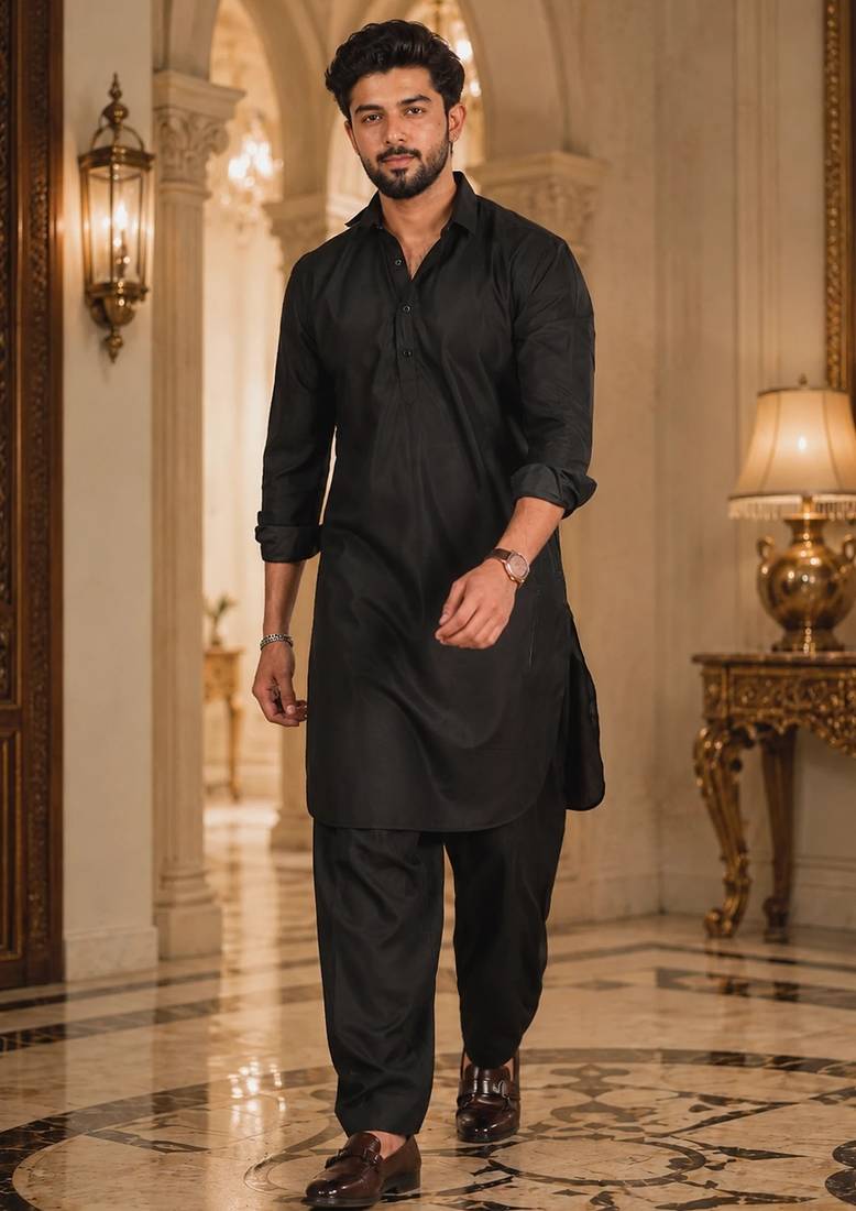 Buy black cotton silk pathani kurta pajama set