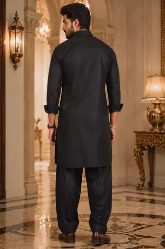 Buy black cotton silk pathani kurta pajama set