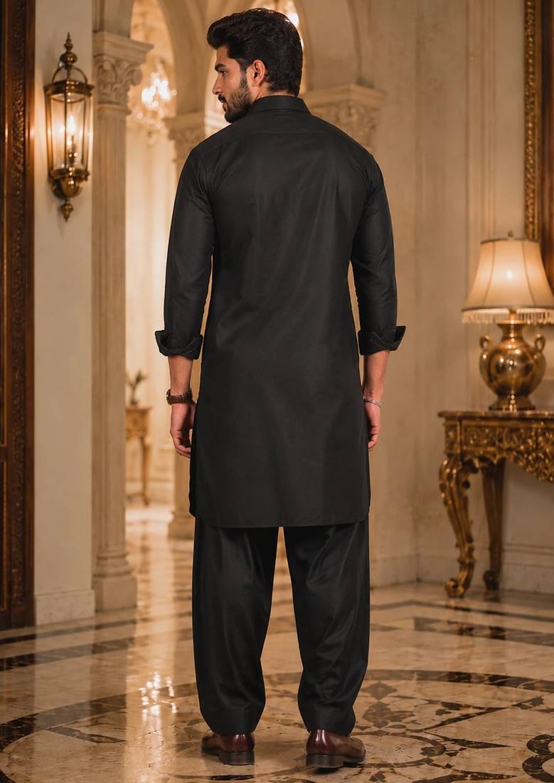Buy black cotton silk pathani kurta pajama set