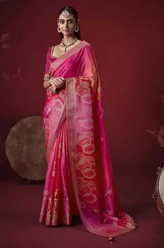 pink dola silk blend with zari weaving party wear saree