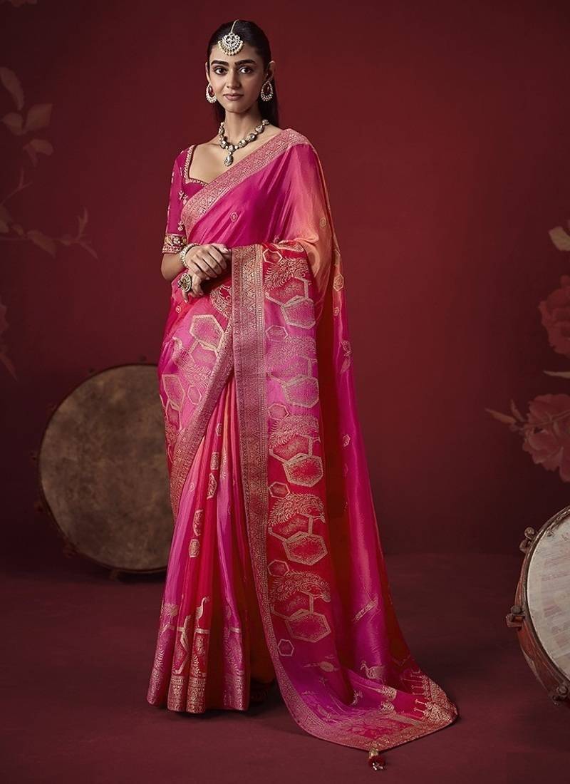 pink dola silk blend with zari weaving party wear saree