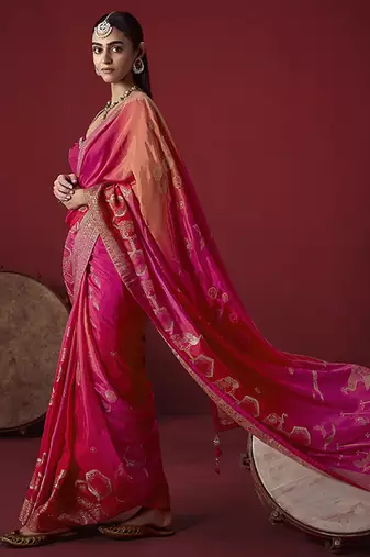 pink dola silk blend with zari weaving party wear saree