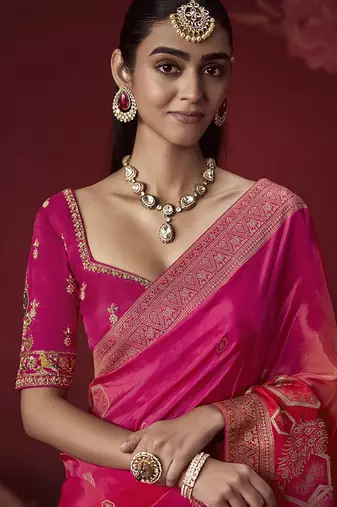 pink dola silk blend with zari weaving party wear saree