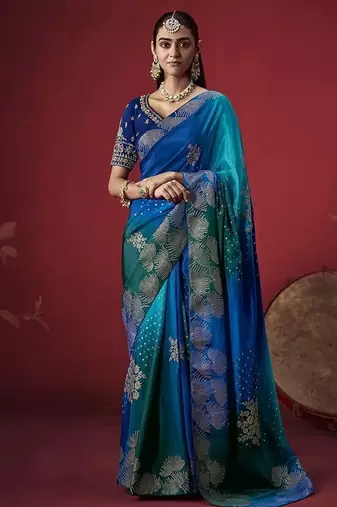 blue dola silk blend with zari weaving party wear saree