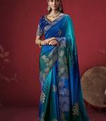 blue dola silk blend with zari weaving party wear saree