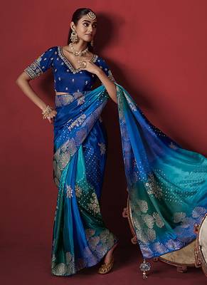 blue dola silk blend with zari weaving party wear saree 2