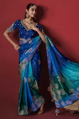 blue dola silk blend with zari weaving party wear saree