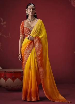 shaded mustard dola silk blend with zari weaving party wear saree 1