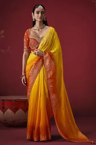 shaded mustard dola silk blend with zari weaving party wear saree
