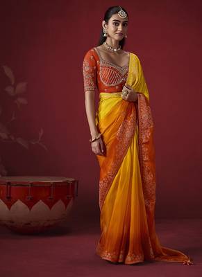 shaded mustard dola silk blend with zari weaving party wear saree 2