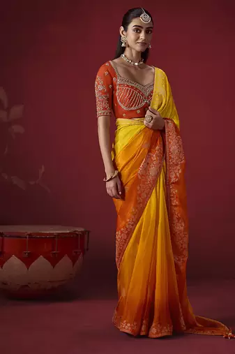 shaded mustard dola silk blend with zari weaving party wear saree