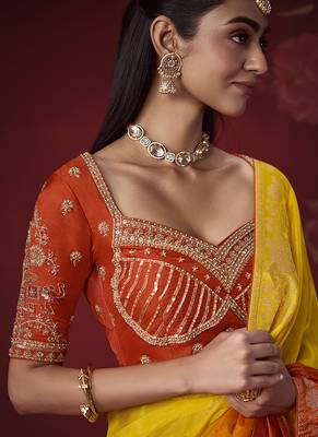 shaded mustard dola silk blend with zari weaving party wear saree 3