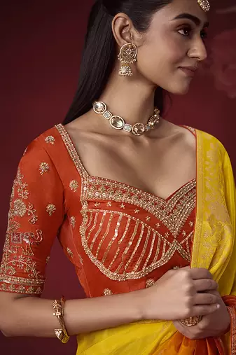 shaded mustard dola silk blend with zari weaving party wear saree