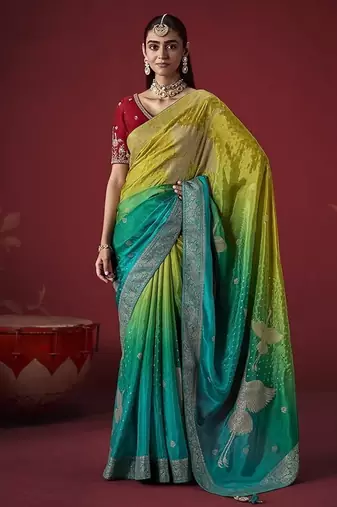 shaded olive & sky blue dola silk blend with zari weaving party wear saree