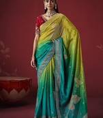 shaded olive & sky blue dola silk blend with zari weaving party wear saree