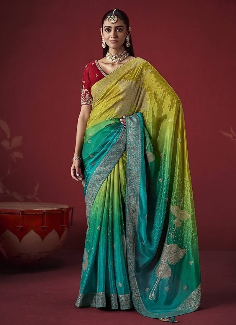 shaded olive & sky blue dola silk blend with zari weaving party wear saree