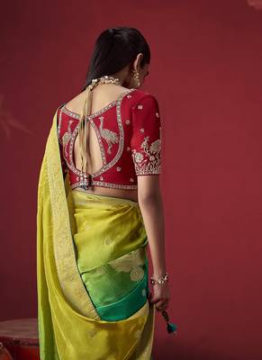 shaded olive & sky blue dola silk blend with zari weaving party wear saree 2