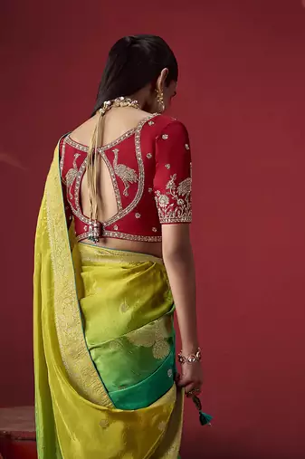 shaded olive & sky blue dola silk blend with zari weaving party wear saree