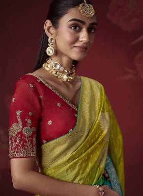 shaded olive & sky blue dola silk blend with zari weaving party wear saree 3