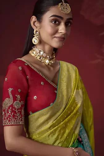 shaded olive & sky blue dola silk blend with zari weaving party wear saree