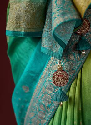 shaded olive & sky blue dola silk blend with zari weaving party wear saree 4