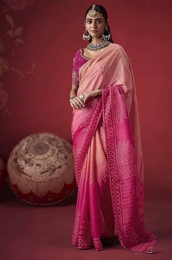 shaded baby pink dola silk blend with zari weaving party wear saree